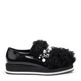 Shearling embellished glossed-leather platform sneakers